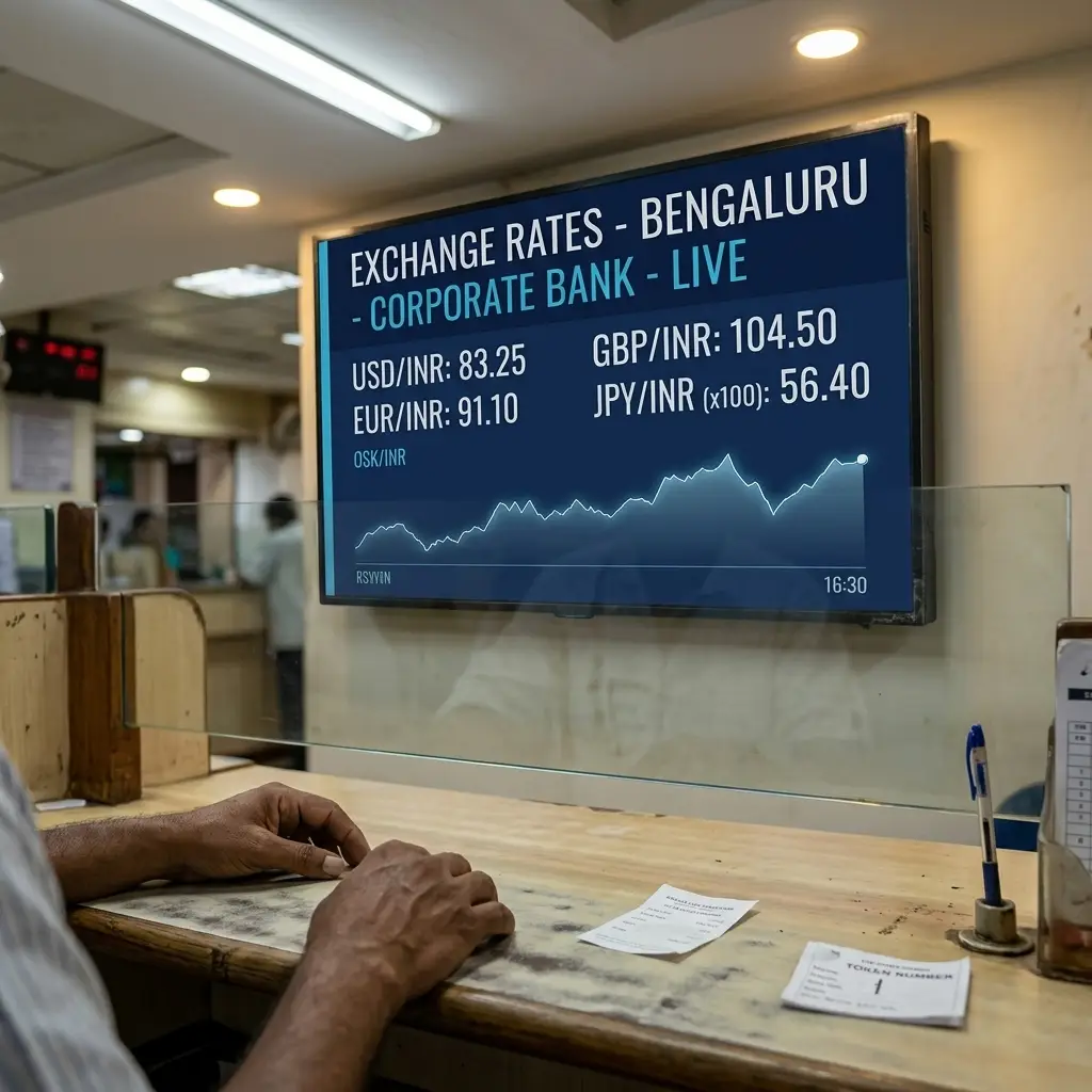 Bank branch lobby display screen showing exchange rate board and home loan promotion — ICE Signage digital signage for banks and financial institutions in India