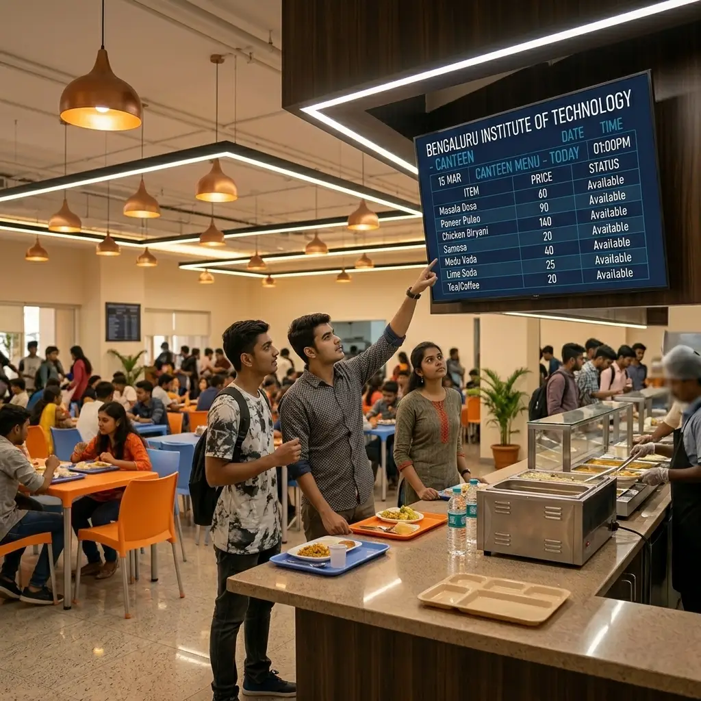 Students looking at a digital menu board screen in a school canteen — ICE Signage digital signage for educational institutions in India