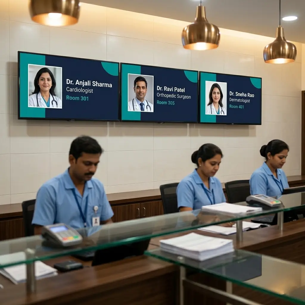 Hospital billing counter with multiple display screens showing doctor introduction slides — ICE Signage digital signage for healthcare facilities in India