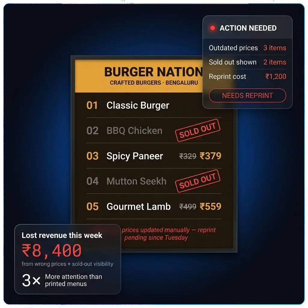 Printed restaurant menu board with outdated prices and sold-out items — showing why restaurants in India need digital menu board software