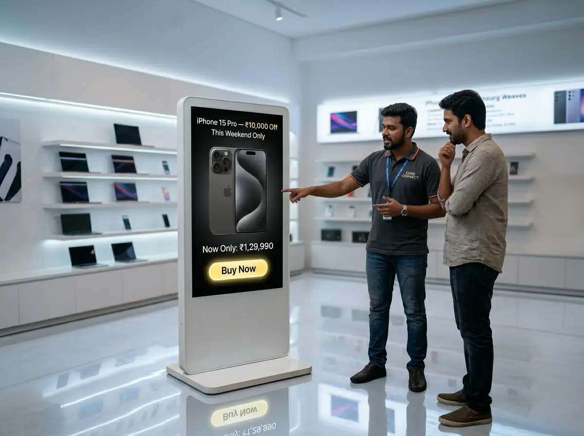 Retail store with outdated printed price tags and static promotional boards — showing why stores in India need digital signage software